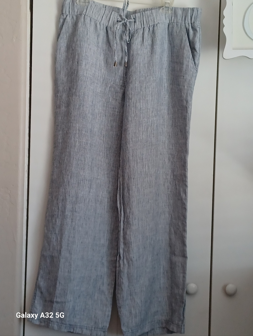 Style & Co. Navy and White Drawstring 100% Linen Pants W/pockets Womens Sz 14